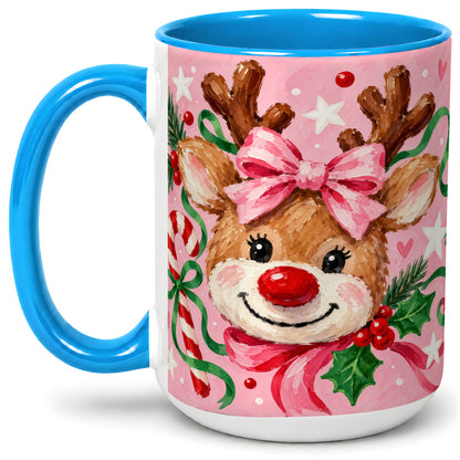 #pl[15oz|Blue] Christmas Reindeer Ceramic Mug with Pink Bow and Candy Cane Artwork
