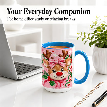 #pl[15oz|Blue] Christmas Reindeer Ceramic Mug with Pink Bow and Candy Cane Artwork