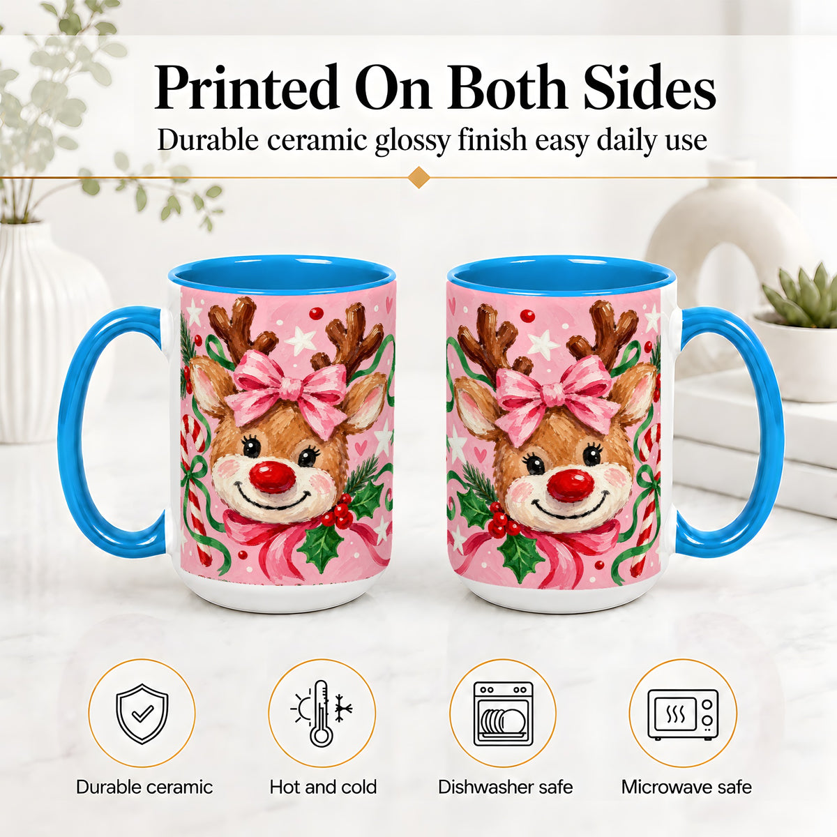 #pl[15oz|Blue] Christmas Reindeer Ceramic Mug with Pink Bow and Candy Cane Artwork