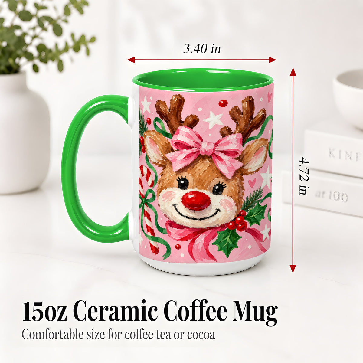 #pl[15oz|Green] Christmas Reindeer Ceramic Mug with Pink Bow and Candy Cane Artwork
