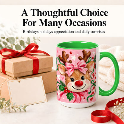 #pl[15oz|Green] Christmas Reindeer Ceramic Mug with Pink Bow and Candy Cane Artwork