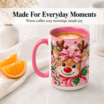 #pl[15oz|Pink] Christmas Reindeer Ceramic Mug with Pink Bow and Candy Cane Artwork