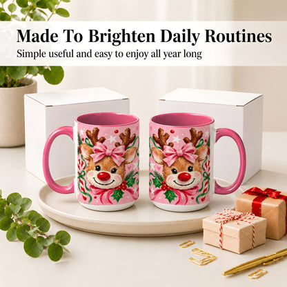 #pl[15oz|Pink] Christmas Reindeer Ceramic Mug with Pink Bow and Candy Cane Artwork