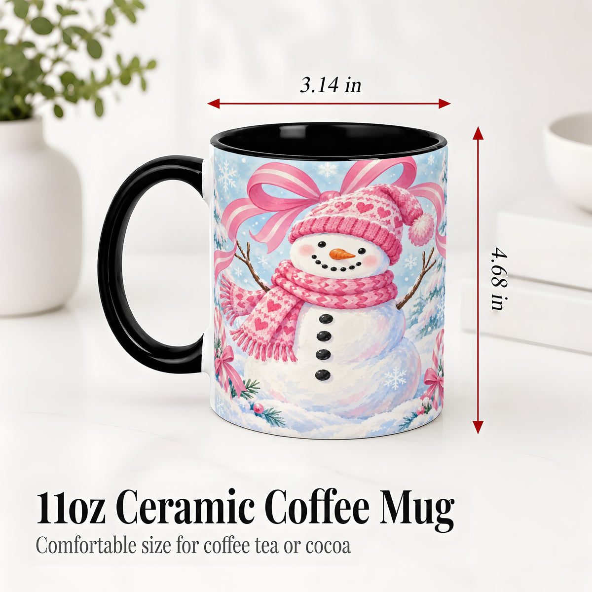 #pl[11oz|Black] Pink Snowman Christmas Ceramic Mug with Candy Cane Winter Artwork
