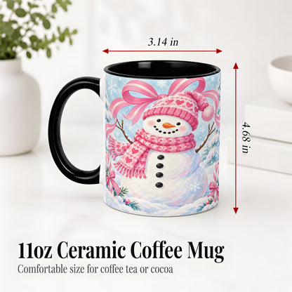 #pl[11oz|Black] Pink Snowman Christmas Ceramic Mug with Candy Cane Winter Artwork