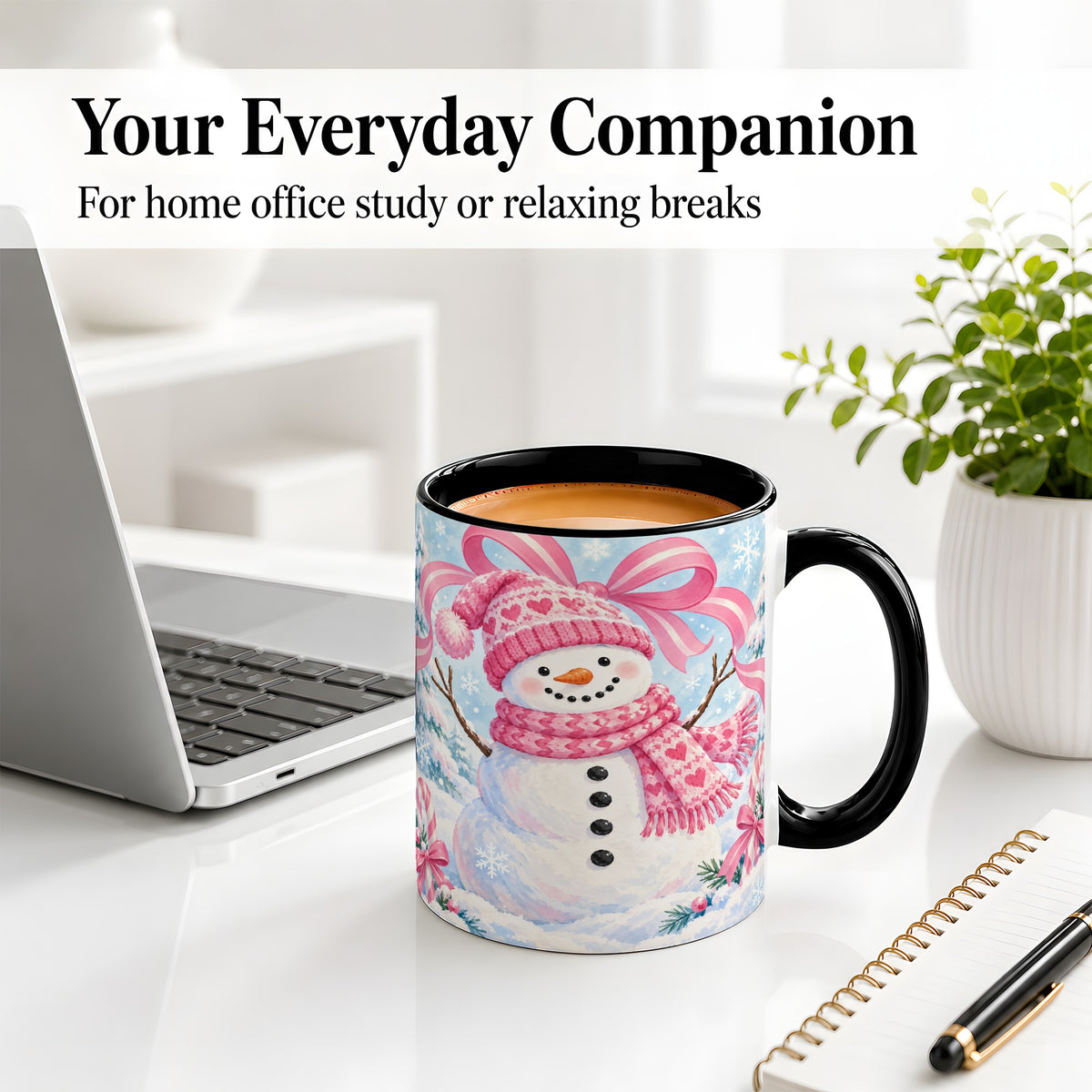 #pl[11oz|Black] Pink Snowman Christmas Ceramic Mug with Candy Cane Winter Artwork