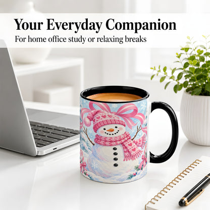 #pl[11oz|Black] Pink Snowman Christmas Ceramic Mug with Candy Cane Winter Artwork
