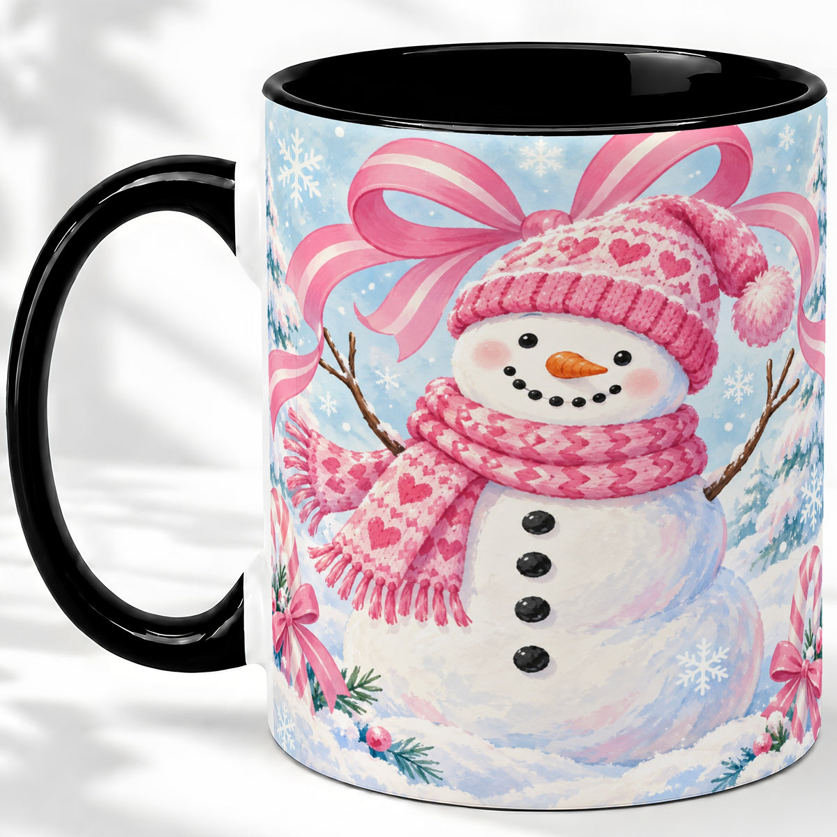 #pl[11oz|Black] Pink Snowman Christmas Ceramic Mug with Candy Cane Winter Artwork