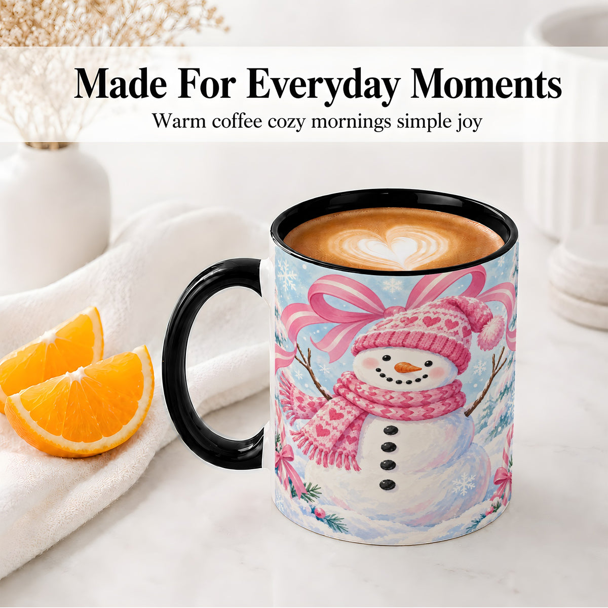 #pl[11oz|Black] Pink Snowman Christmas Ceramic Mug with Candy Cane Winter Artwork