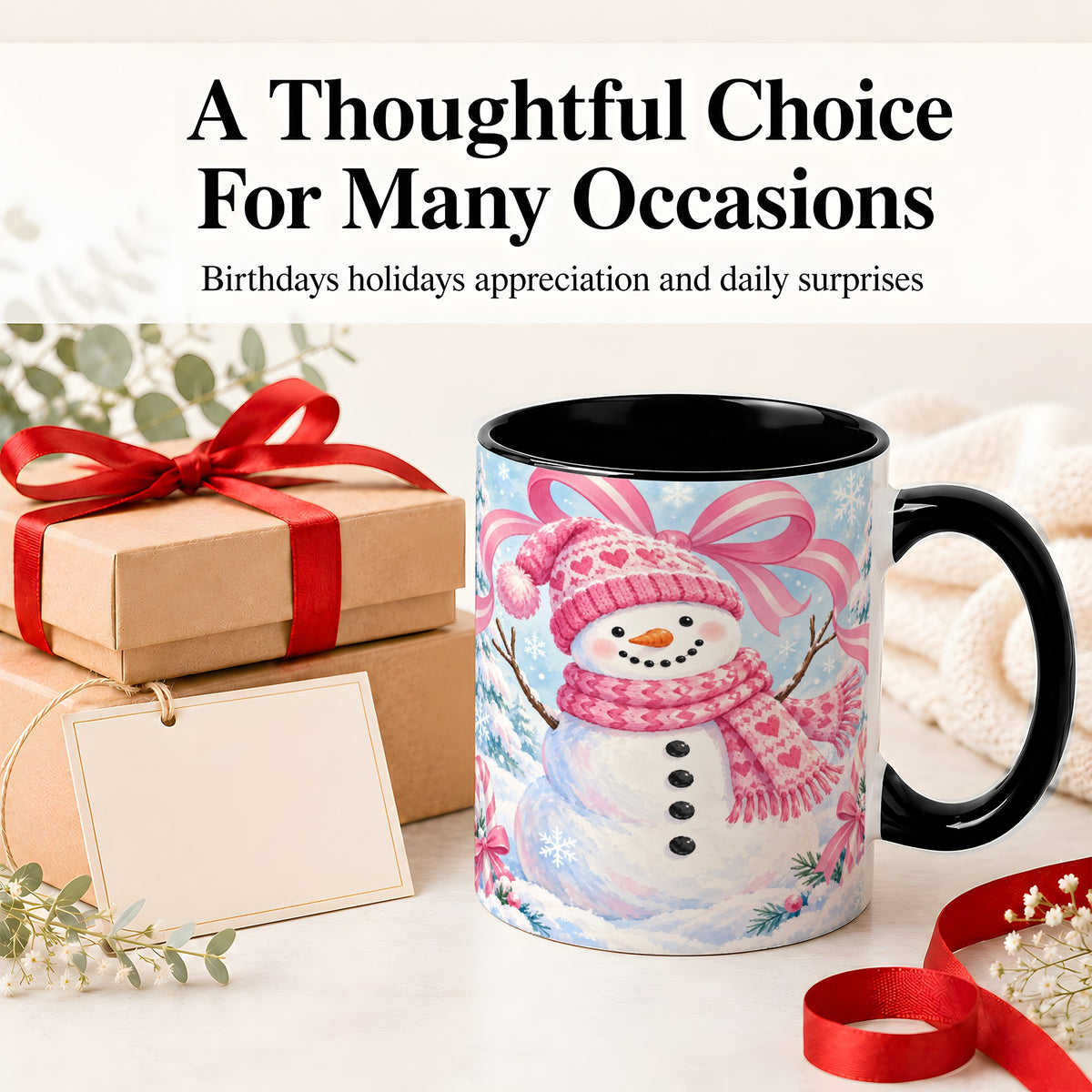 #pl[11oz|Black] Pink Snowman Christmas Ceramic Mug with Candy Cane Winter Artwork