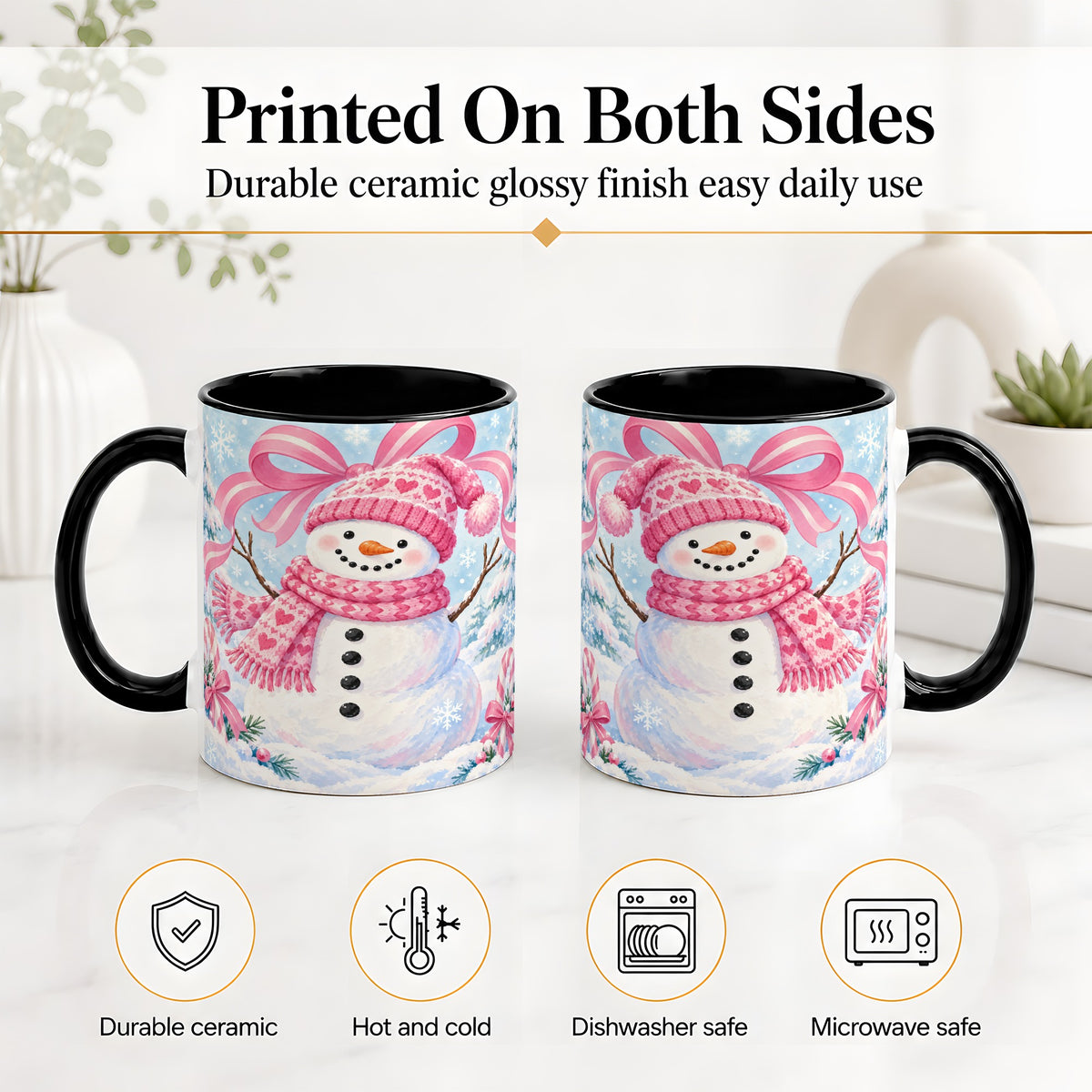#pl[11oz|Black] Pink Snowman Christmas Ceramic Mug with Candy Cane Winter Artwork