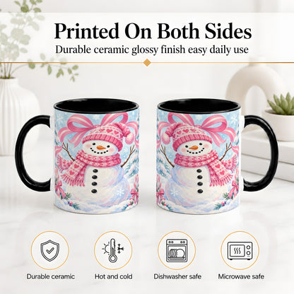 #pl[11oz|Black] Pink Snowman Christmas Ceramic Mug with Candy Cane Winter Artwork