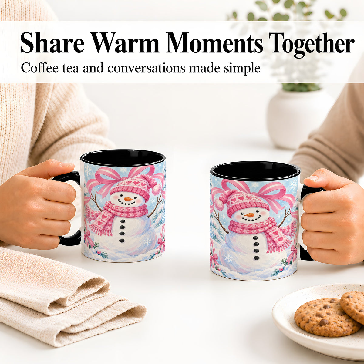 #pl[11oz|Black] Pink Snowman Christmas Ceramic Mug with Candy Cane Winter Artwork