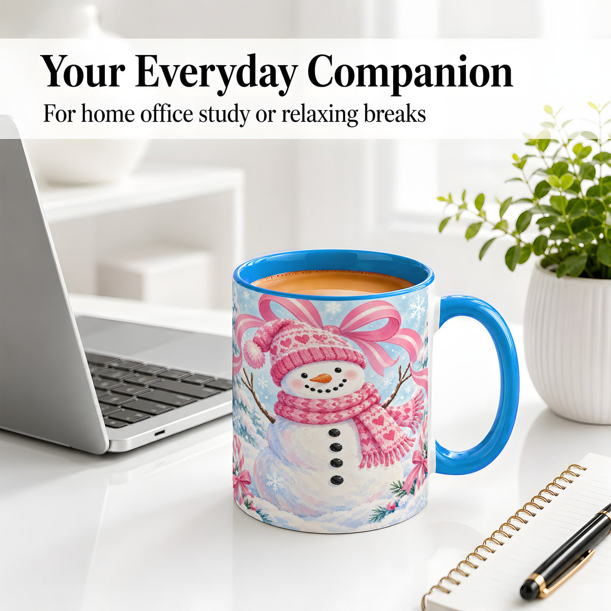 #pl[11oz|Blue] Pink Snowman Christmas Ceramic Mug with Candy Cane Winter Artwork