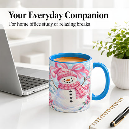 #pl[11oz|Blue] Pink Snowman Christmas Ceramic Mug with Candy Cane Winter Artwork