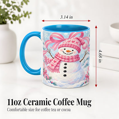 #pl[11oz|Blue] Pink Snowman Christmas Ceramic Mug with Candy Cane Winter Artwork