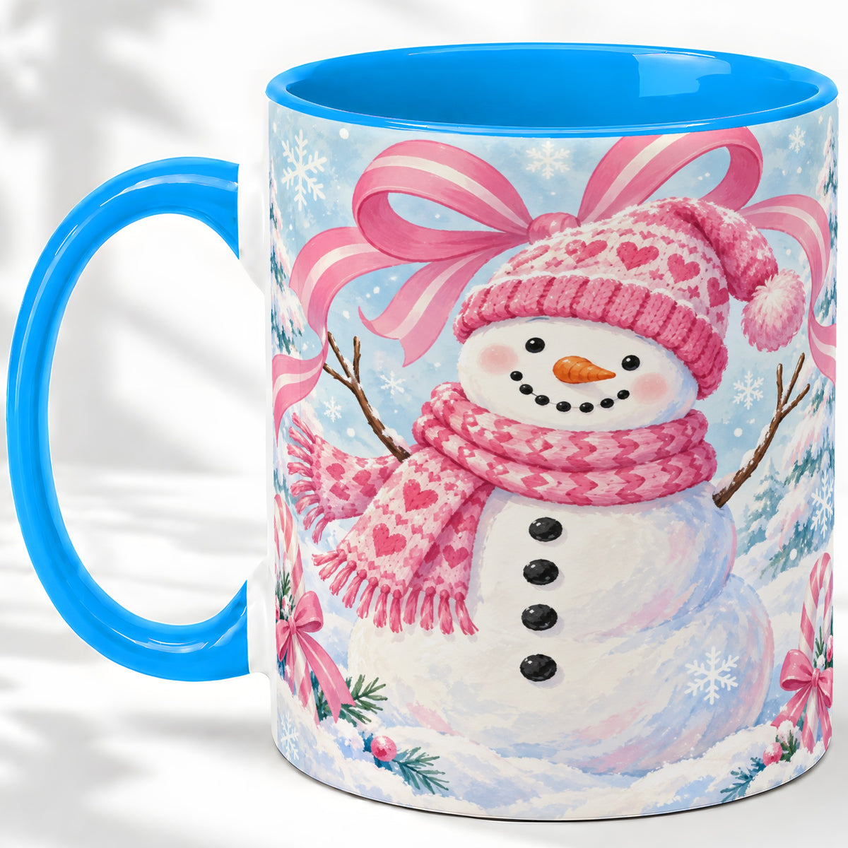 #pl[11oz|Blue] Pink Snowman Christmas Ceramic Mug with Candy Cane Winter Artwork