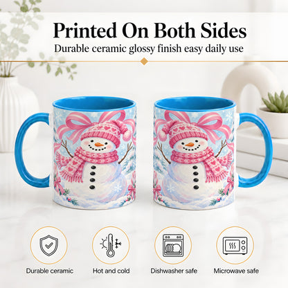 #pl[11oz|Blue] Pink Snowman Christmas Ceramic Mug with Candy Cane Winter Artwork