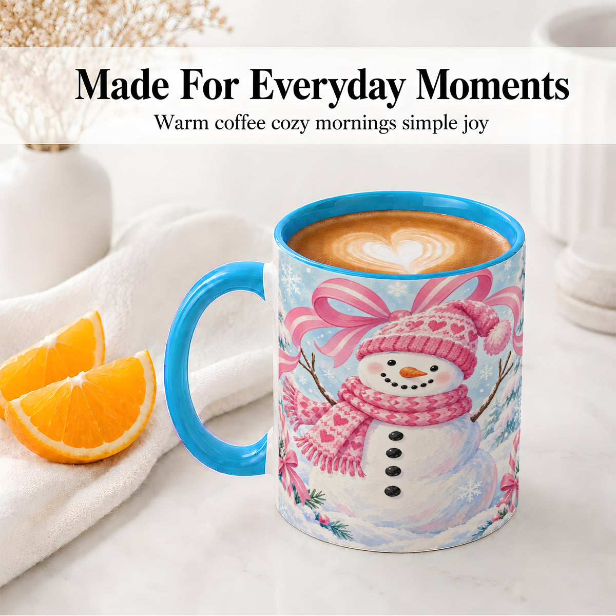 #pl[11oz|Blue] Pink Snowman Christmas Ceramic Mug with Candy Cane Winter Artwork