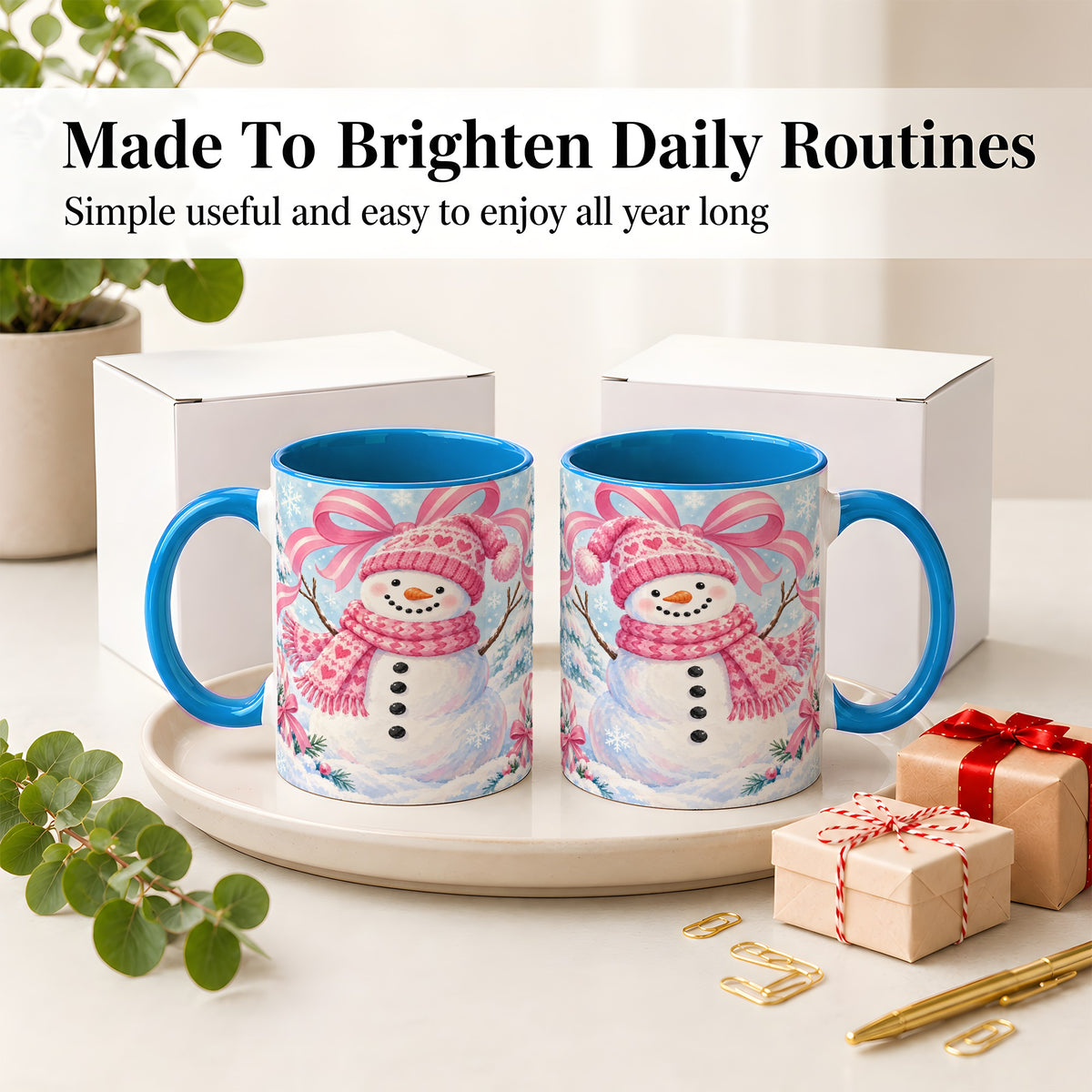 #pl[11oz|Blue] Pink Snowman Christmas Ceramic Mug with Candy Cane Winter Artwork
