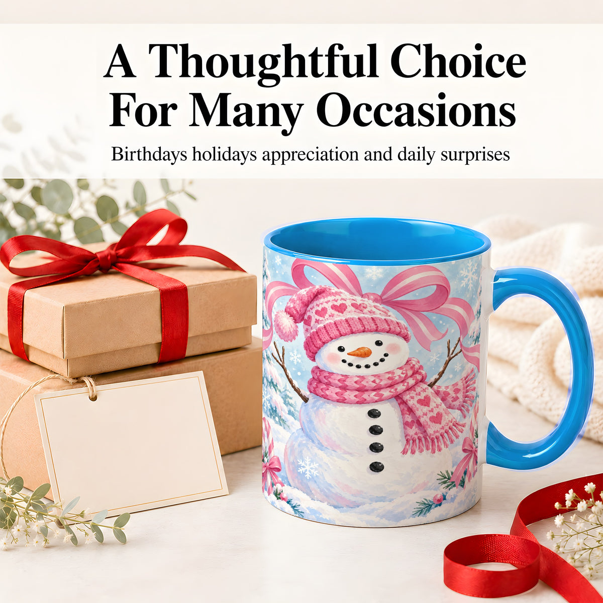 #pl[11oz|Blue] Pink Snowman Christmas Ceramic Mug with Candy Cane Winter Artwork