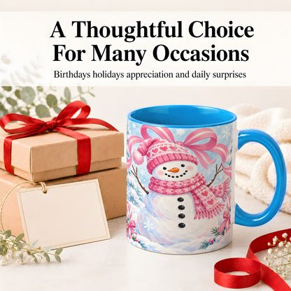 #pl[11oz|Blue] Pink Snowman Christmas Ceramic Mug with Candy Cane Winter Artwork