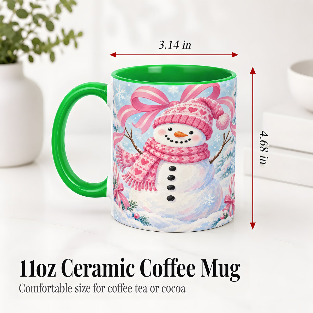 #pl[11oz|Green] Pink Snowman Christmas Ceramic Mug with Candy Cane Winter Artwork