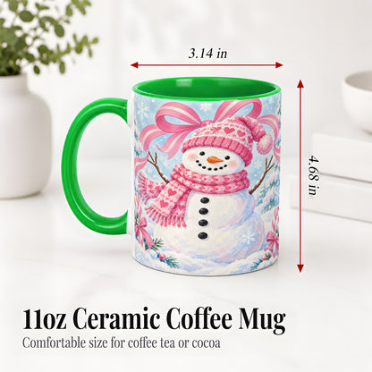 #pl[11oz|Green] Pink Snowman Christmas Ceramic Mug with Candy Cane Winter Artwork