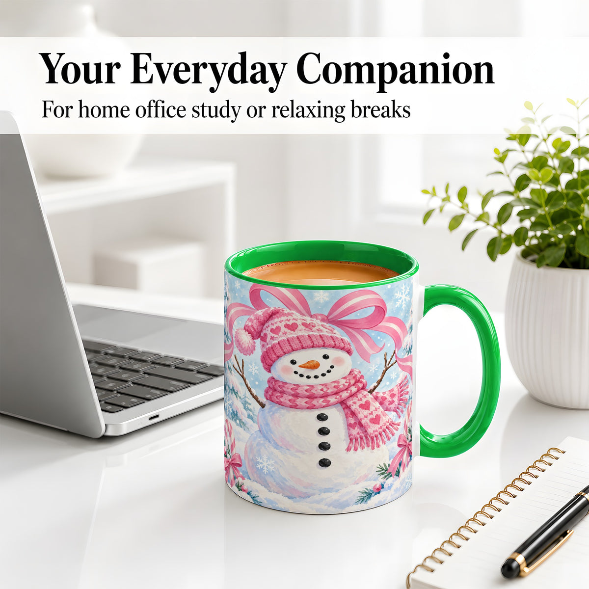 #pl[11oz|Green] Pink Snowman Christmas Ceramic Mug with Candy Cane Winter Artwork