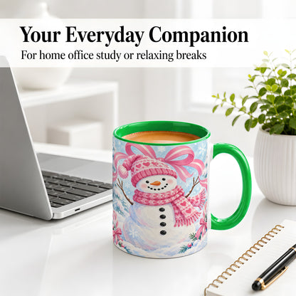 #pl[11oz|Green] Pink Snowman Christmas Ceramic Mug with Candy Cane Winter Artwork