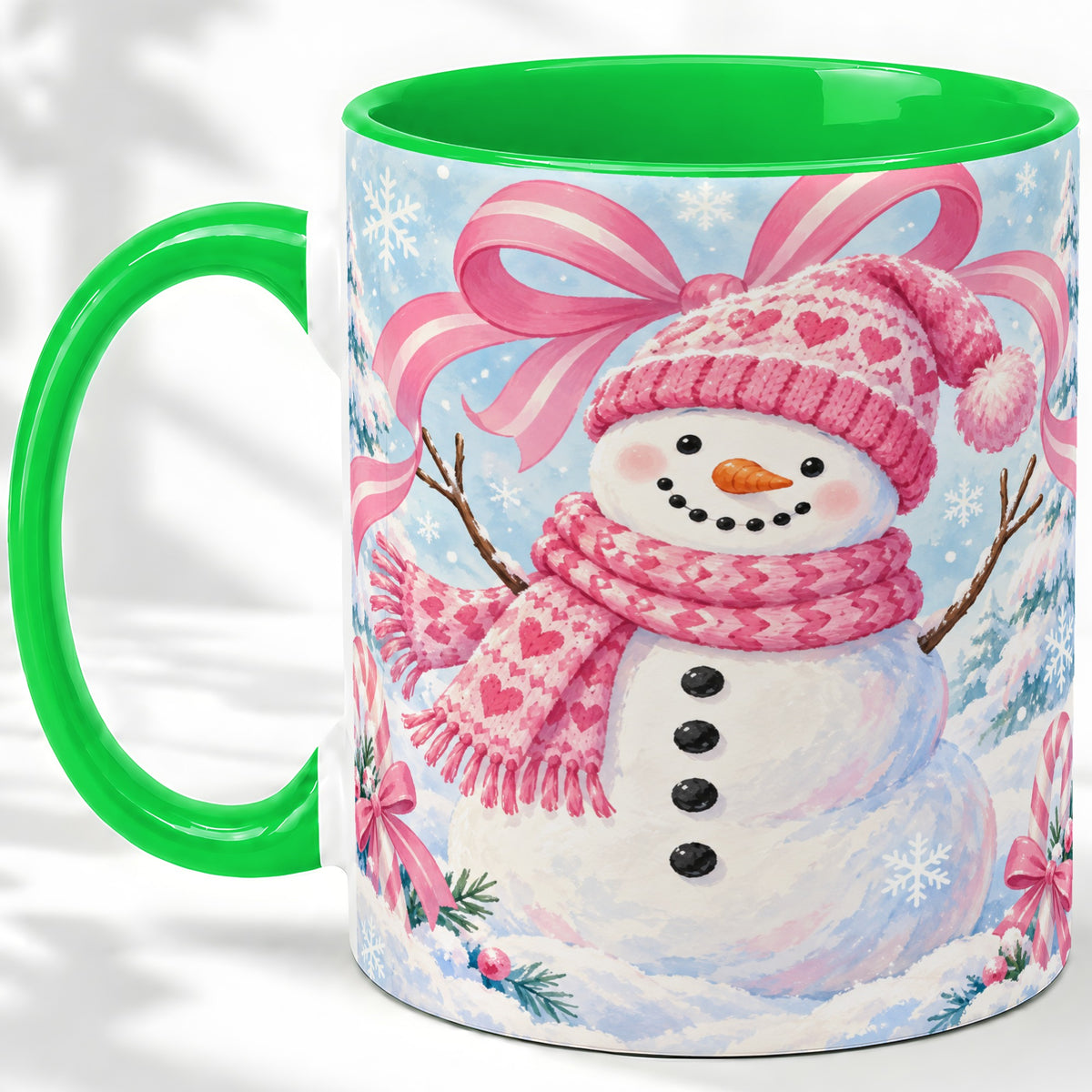 #pl[11oz|Green] Pink Snowman Christmas Ceramic Mug with Candy Cane Winter Artwork
