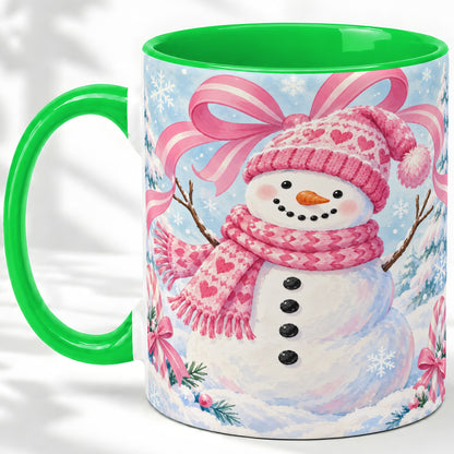 #pl[11oz|Green] Pink Snowman Christmas Ceramic Mug with Candy Cane Winter Artwork