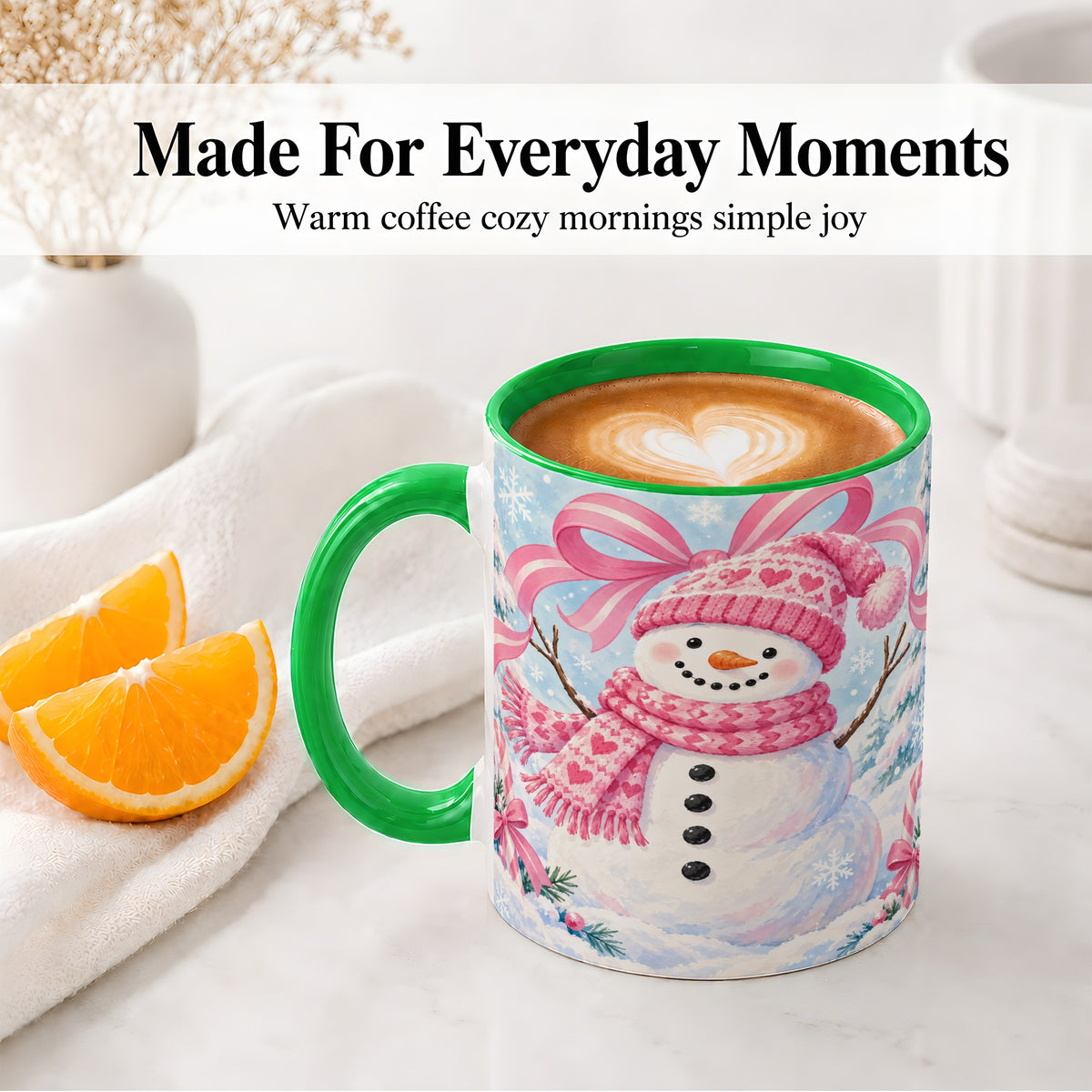 #pl[11oz|Green] Pink Snowman Christmas Ceramic Mug with Candy Cane Winter Artwork