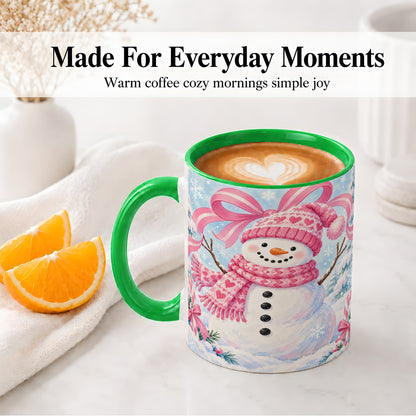 #pl[11oz|Green] Pink Snowman Christmas Ceramic Mug with Candy Cane Winter Artwork