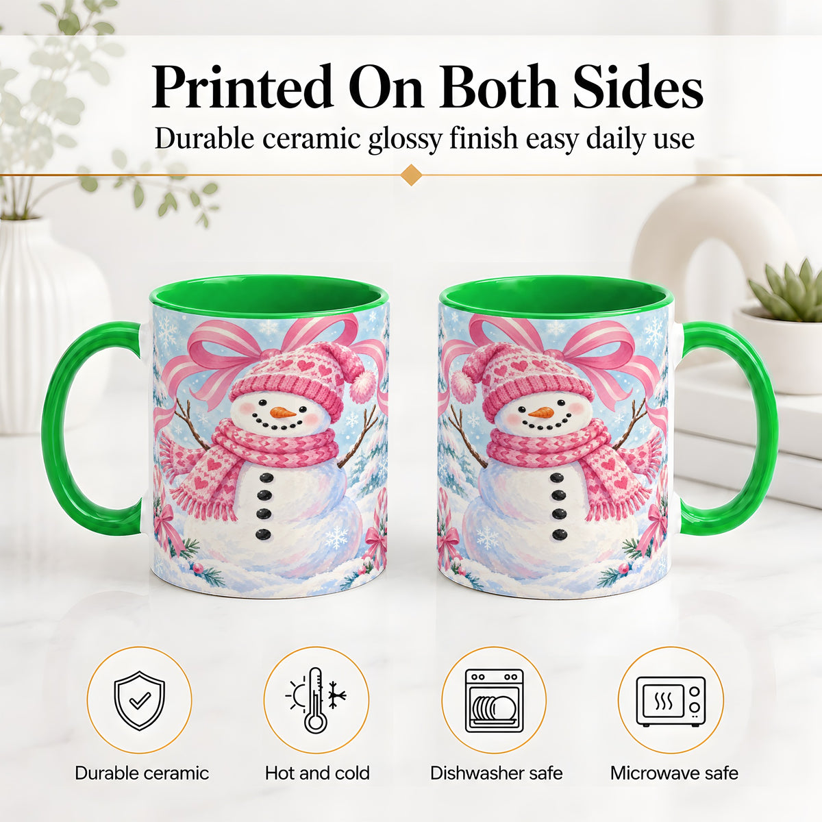 #pl[11oz|Green] Pink Snowman Christmas Ceramic Mug with Candy Cane Winter Artwork