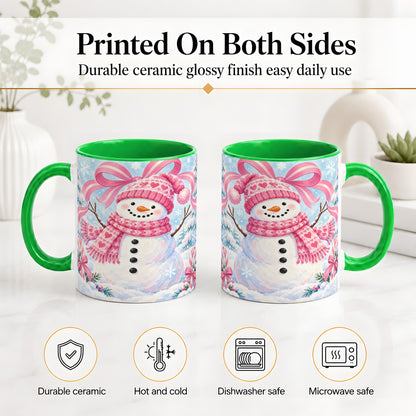 #pl[11oz|Green] Pink Snowman Christmas Ceramic Mug with Candy Cane Winter Artwork