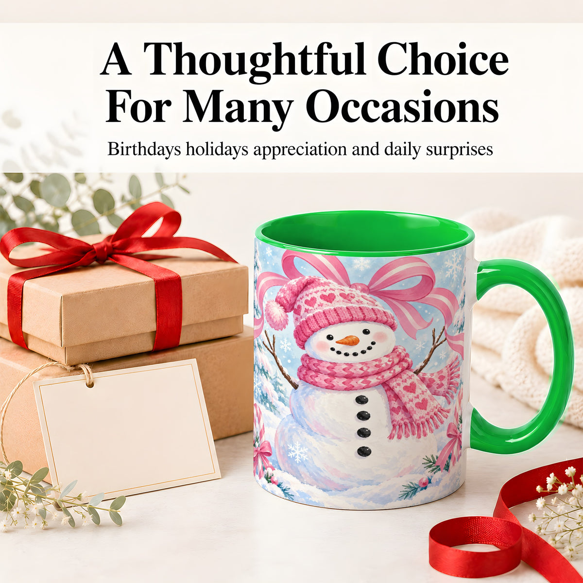 #pl[11oz|Green] Pink Snowman Christmas Ceramic Mug with Candy Cane Winter Artwork