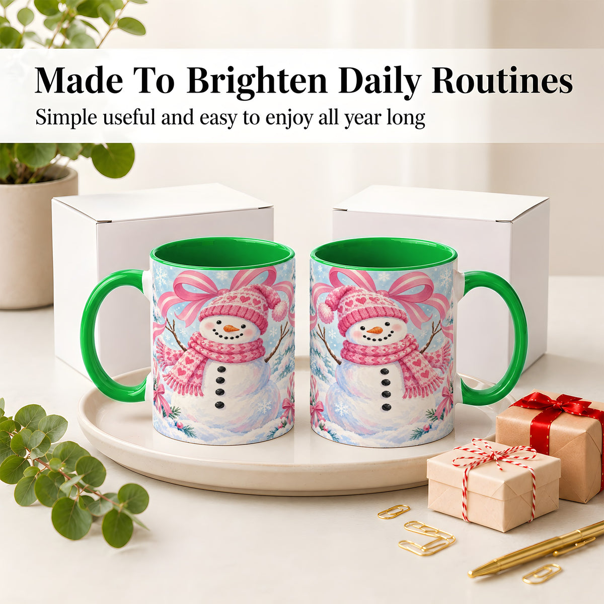 #pl[11oz|Green] Pink Snowman Christmas Ceramic Mug with Candy Cane Winter Artwork