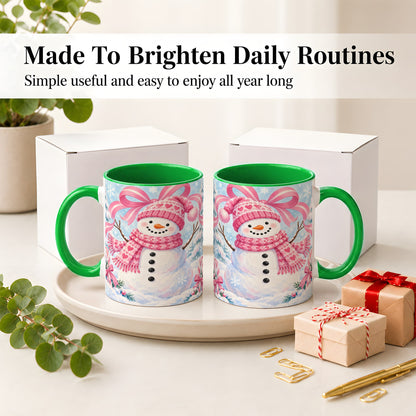 #pl[11oz|Green] Pink Snowman Christmas Ceramic Mug with Candy Cane Winter Artwork