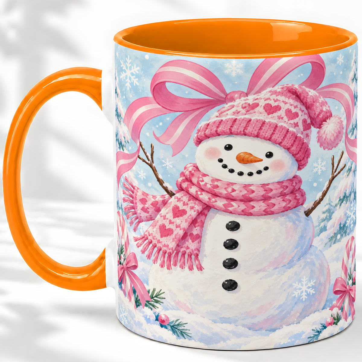 #pl[11oz|Orange] Pink Snowman Christmas Ceramic Mug with Candy Cane Winter Artwork
