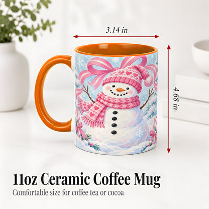 #pl[11oz|Orange] Pink Snowman Christmas Ceramic Mug with Candy Cane Winter Artwork