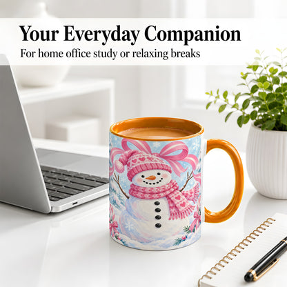 #pl[11oz|Orange] Pink Snowman Christmas Ceramic Mug with Candy Cane Winter Artwork