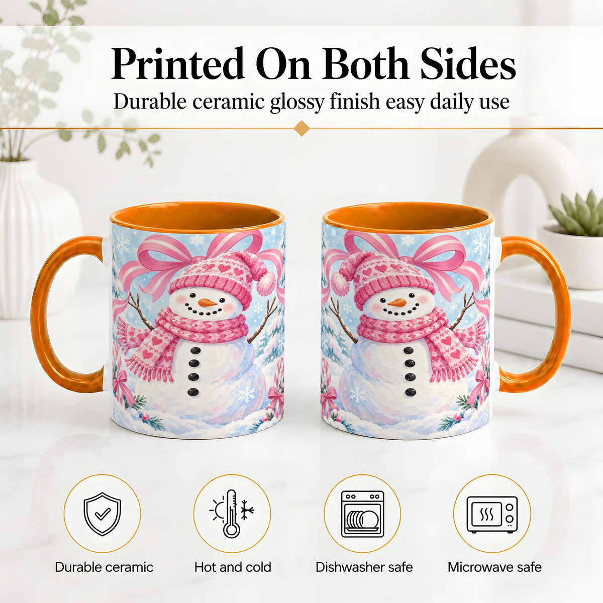 #pl[11oz|Orange] Pink Snowman Christmas Ceramic Mug with Candy Cane Winter Artwork