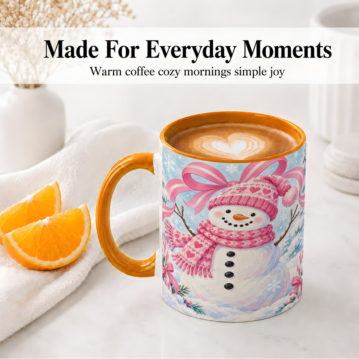 #pl[11oz|Orange] Pink Snowman Christmas Ceramic Mug with Candy Cane Winter Artwork