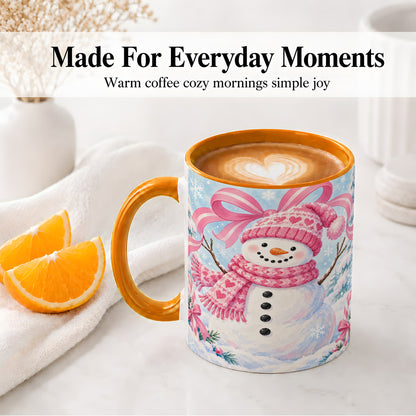 #pl[11oz|Orange] Pink Snowman Christmas Ceramic Mug with Candy Cane Winter Artwork