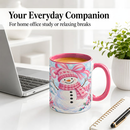 #pl[11oz|Pink] Pink Snowman Christmas Ceramic Mug with Candy Cane Winter Artwork
