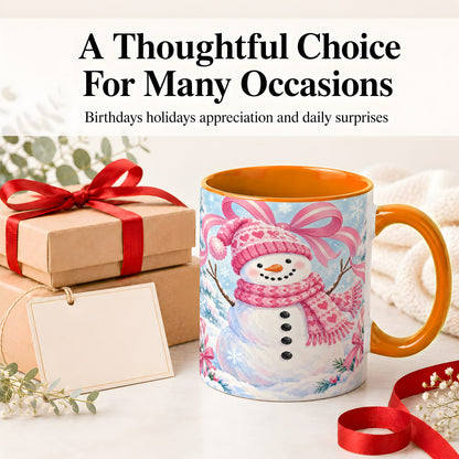 #pl[11oz|Orange] Pink Snowman Christmas Ceramic Mug with Candy Cane Winter Artwork