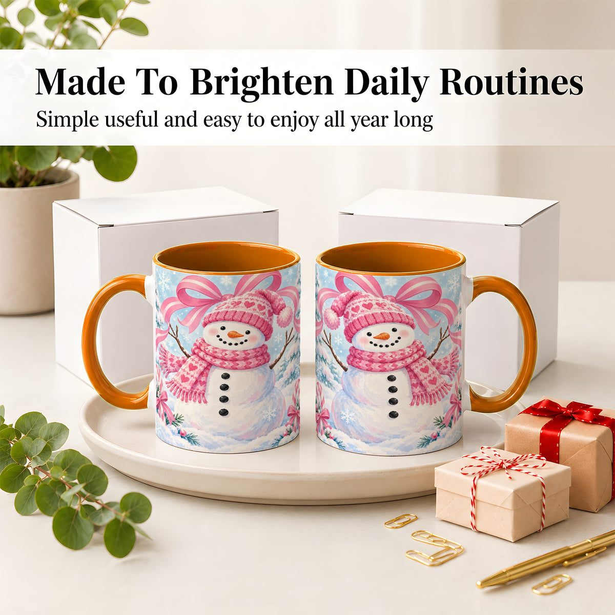 #pl[11oz|Orange] Pink Snowman Christmas Ceramic Mug with Candy Cane Winter Artwork