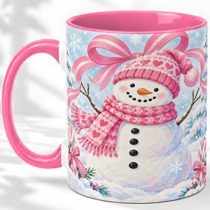 #pl[11oz|Pink] Pink Snowman Christmas Ceramic Mug with Candy Cane Winter Artwork