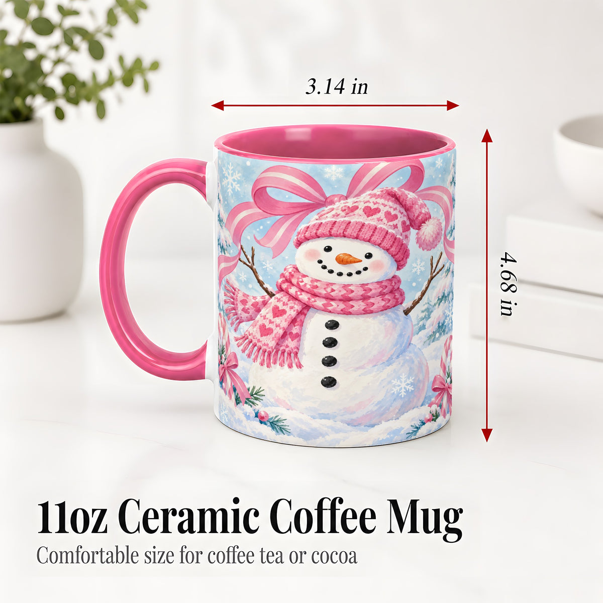 #pl[11oz|Pink] Pink Snowman Christmas Ceramic Mug with Candy Cane Winter Artwork